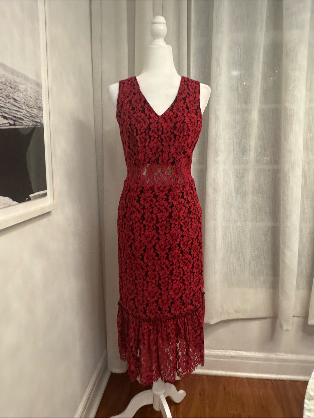 Pretty Flirty Feminine Alexia Admor Crimson Lace V-Neck Midi Dress